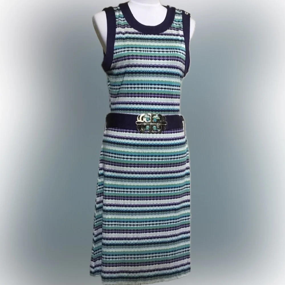 EUC Tory Burch Logo Belt Silk Jersey Striped dress, size M